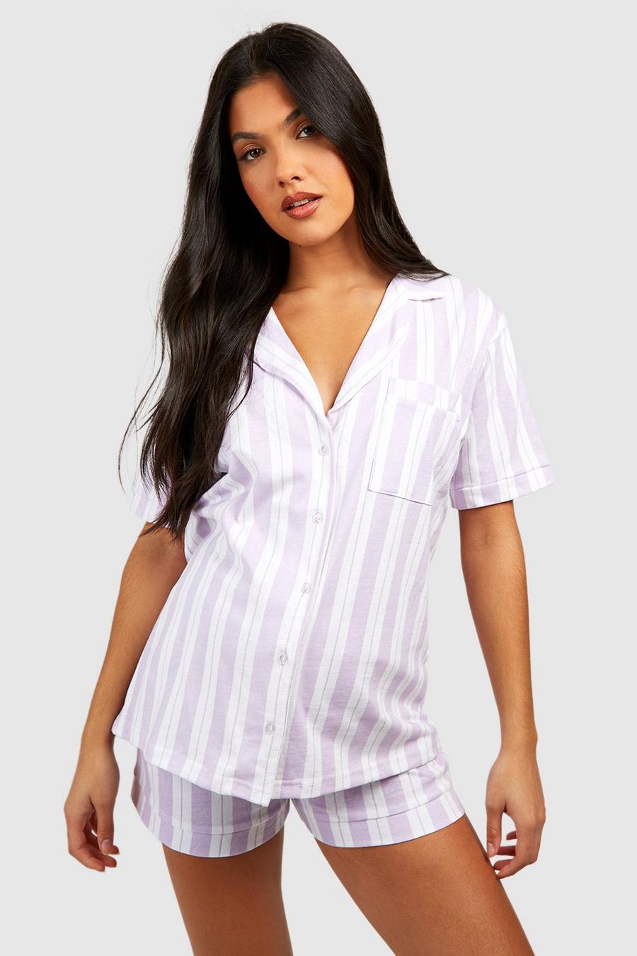 Lilac Maternity Button Through Stripe Pajama Short Set