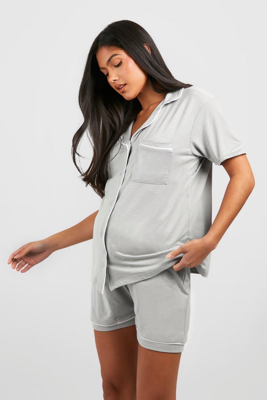 Grey Zwangerschap Jersey Pyjama Set Met Knopen En Shorts image number 1