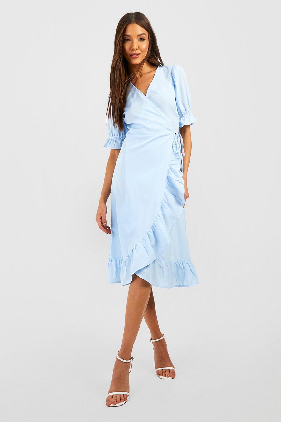 Pastel blue Puff Sleeve Midi Dress