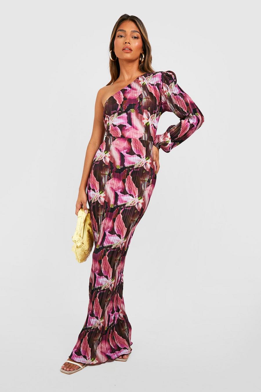 Plisserad långklänning med tropiskt mönster image number 1