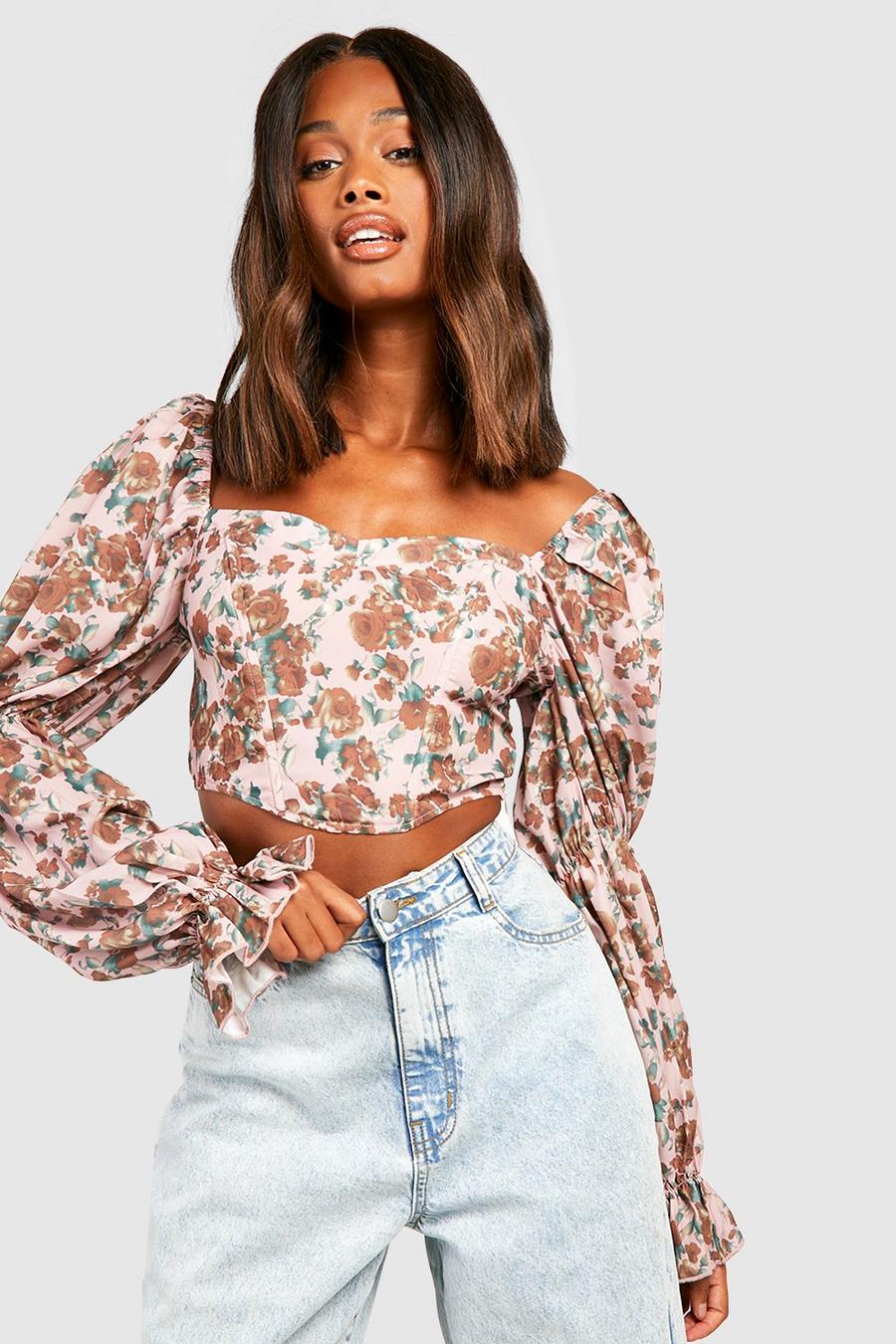 Pink Floral Roche Sleeve Corset Top