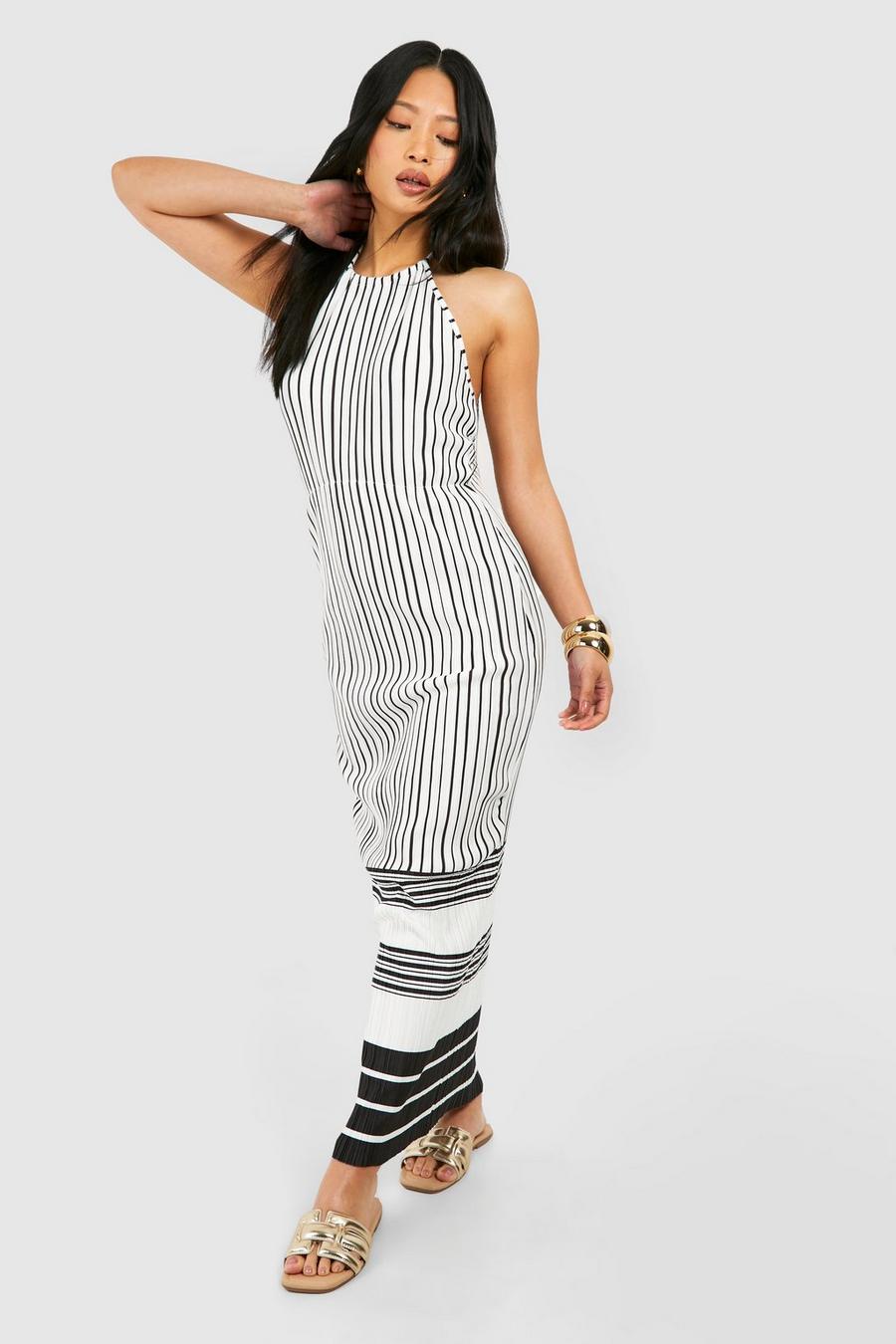 White Petite Stripe Plisse Maxi Dress image number 1