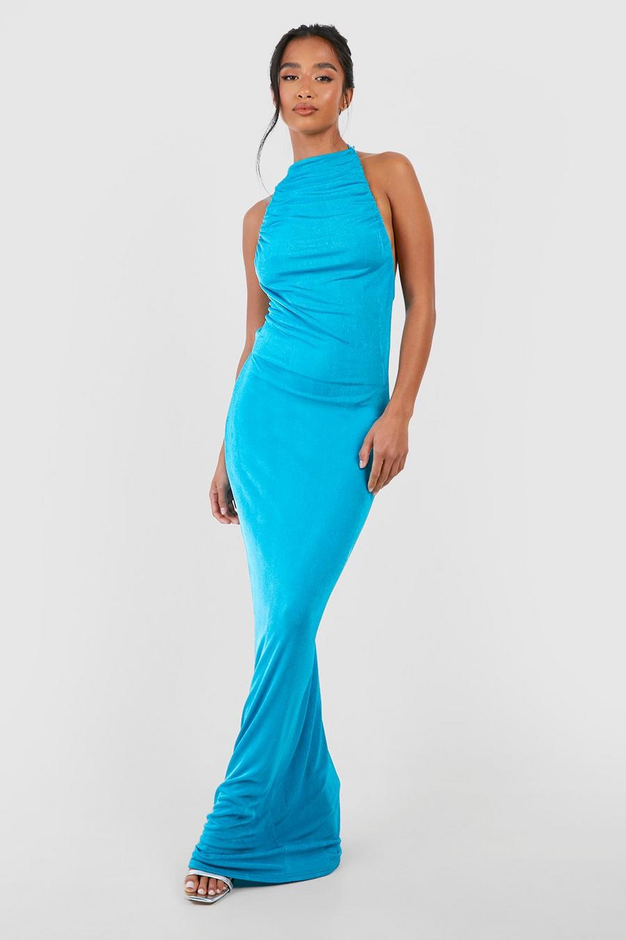 Turquoise Petite Slinky Drape Front Strappy Back Maxi Dress