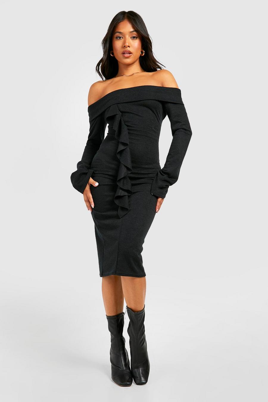 Black Petite Bardot Ruffle Long Sleeve Midi Dress