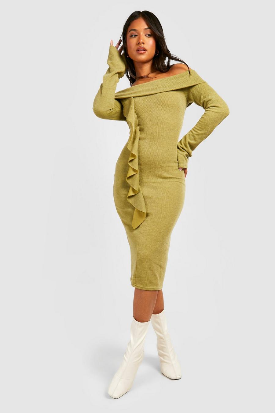 Olive Petite Bardot Ruffle Long Sleeve Midi Dress