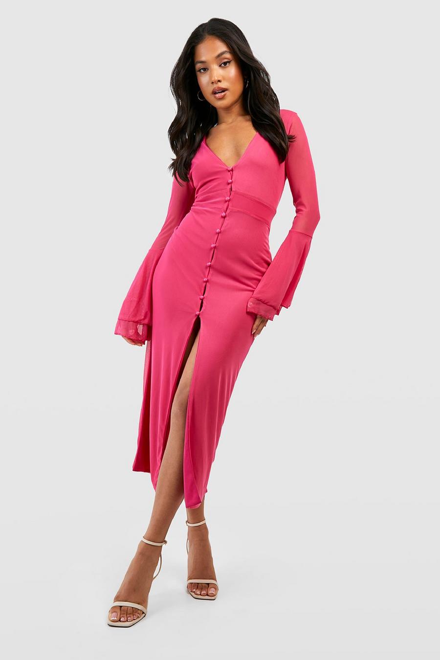 Hot pink Petite Mesh Flare Sleeve Midi Dress