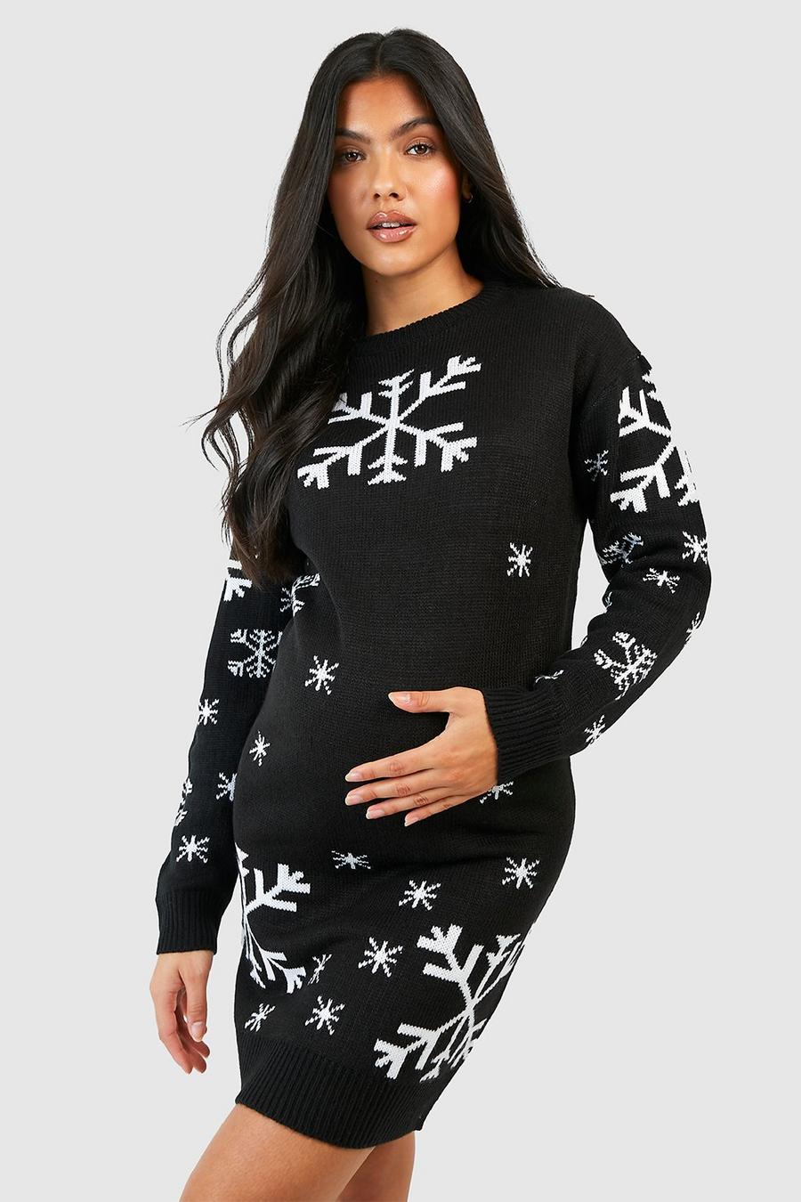 Black Maternity Snowflake Christmas Jumper Dress