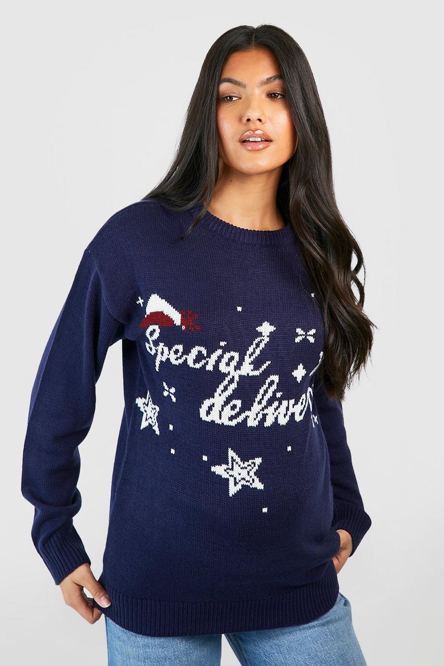 Navy Maternity Special Delivery Christmas Sweater