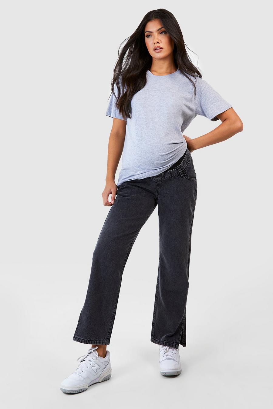 Washed black Maternity Over Bump Split Straight Leg Jeans