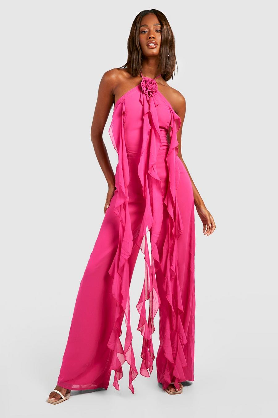 Hot pink Jumpsuit i chiffong med volanger och vida ben