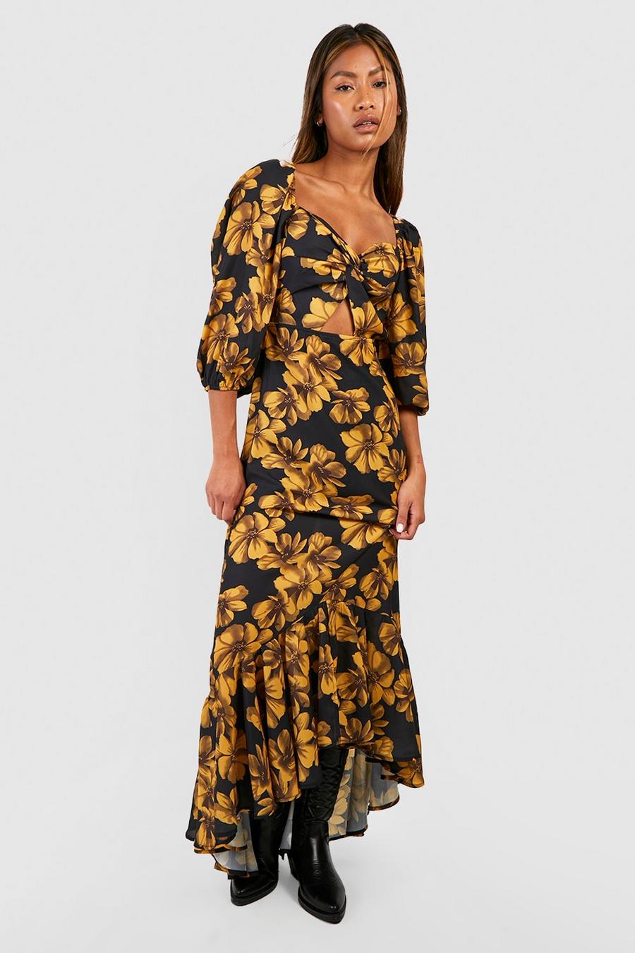 Black Puff Sleeve Cut Out Floral Ruffle Maxi Dress image number 1