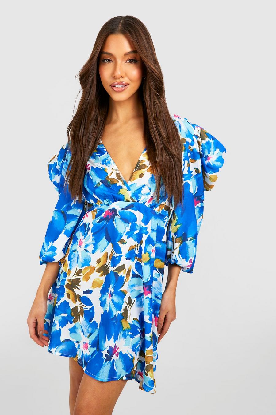 Blue Puff Sleeve Floral Skater Dress