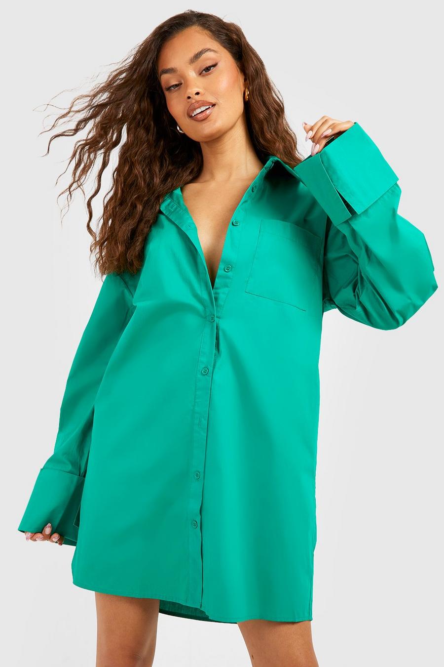 Green Puff Sleeve Oversized Shirt Dress