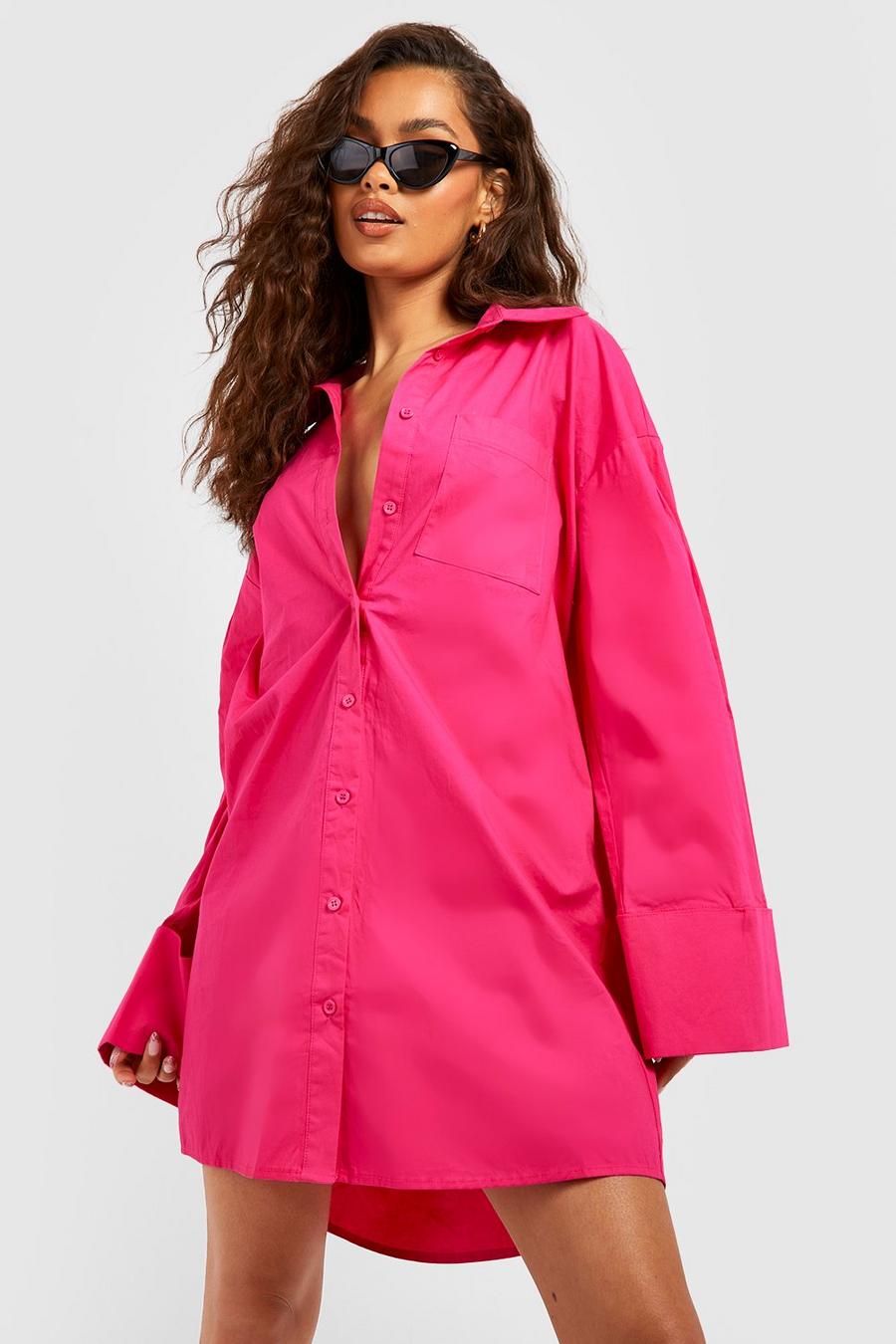 Oversize Hemd-Kleid mit Puffärmeln, Hot pink