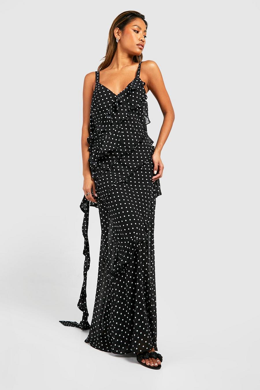 Black Polka Dot Chiffon Ruffle Trim Maxi Dress