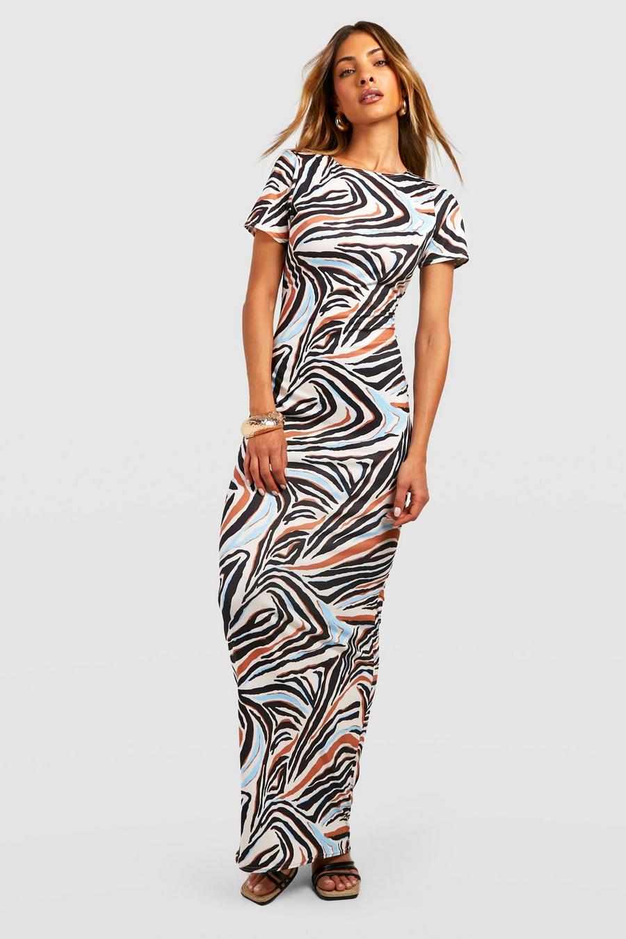 Multi Zebra Print Cap Sleeve Maxi Dress