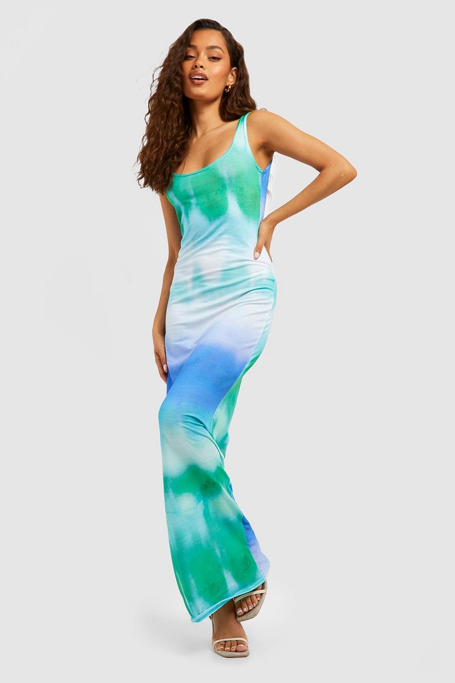 Blue Abstract Scoop Neck Maxi Dress