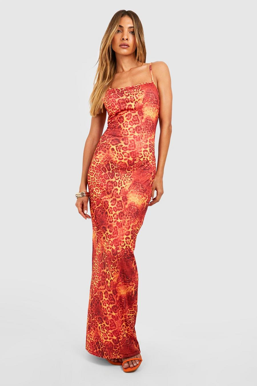 Orange Leopard Print Strappy Maxi Dress image number 1