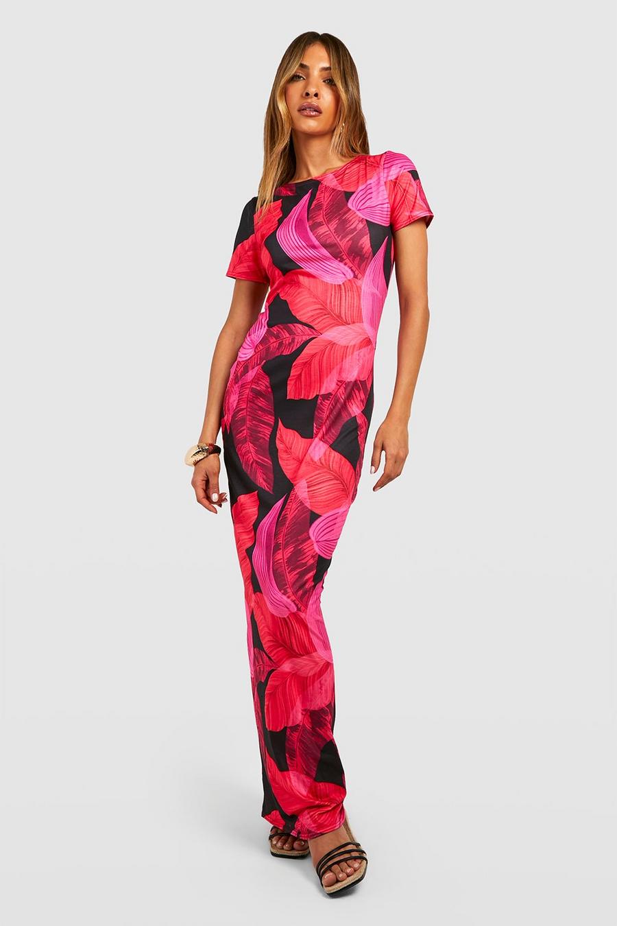 Pink Palm Print Short Sleeve Maxi Dress image number 1