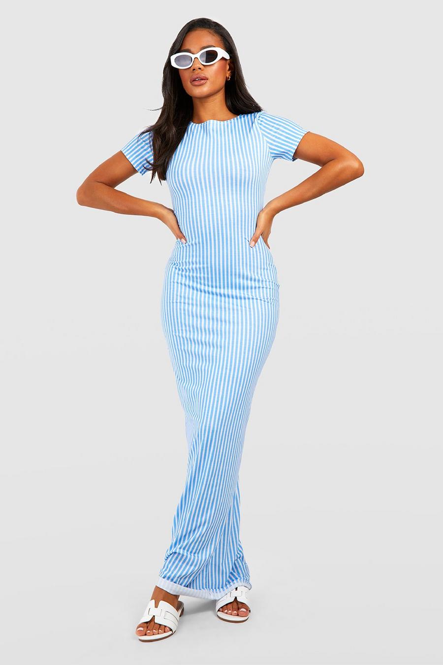 Blue Stripe Cap Sleeve Maxi Dress
