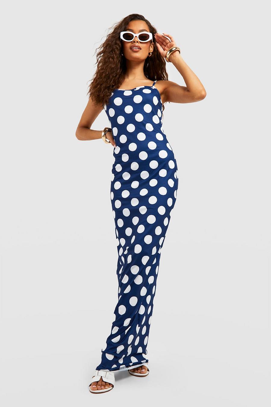 Blue Polka Dot Strappy Maxi Dress