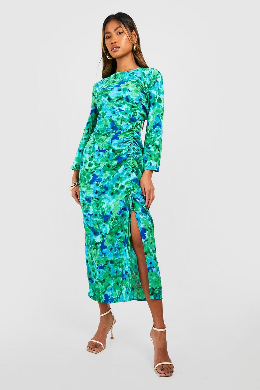 Green Floral Ruched Midi Dress