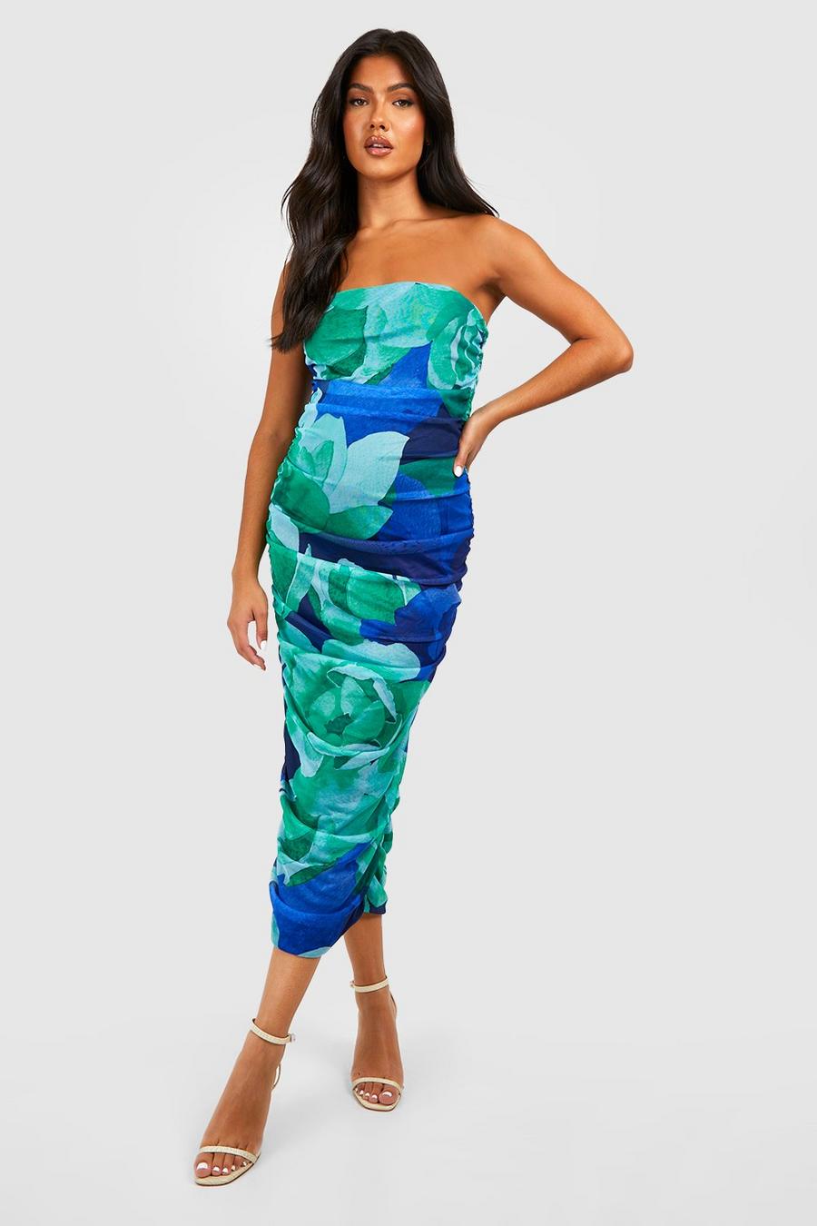 Blue Maternity Floral Bandeau Ruched Midaxi Dress