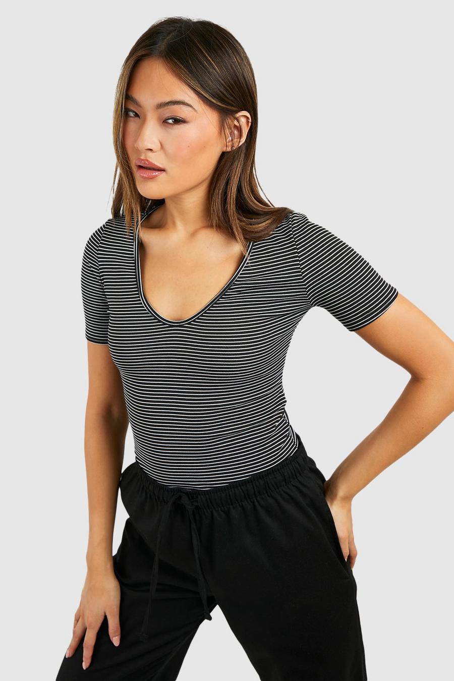 Black Stripe V Neck Bodysuit