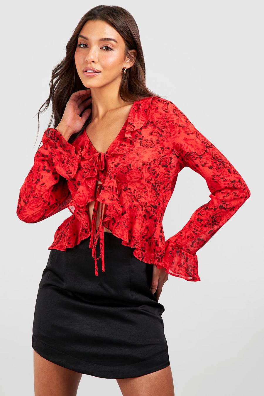 Red Rose Ruffle Tie Front Blouse 