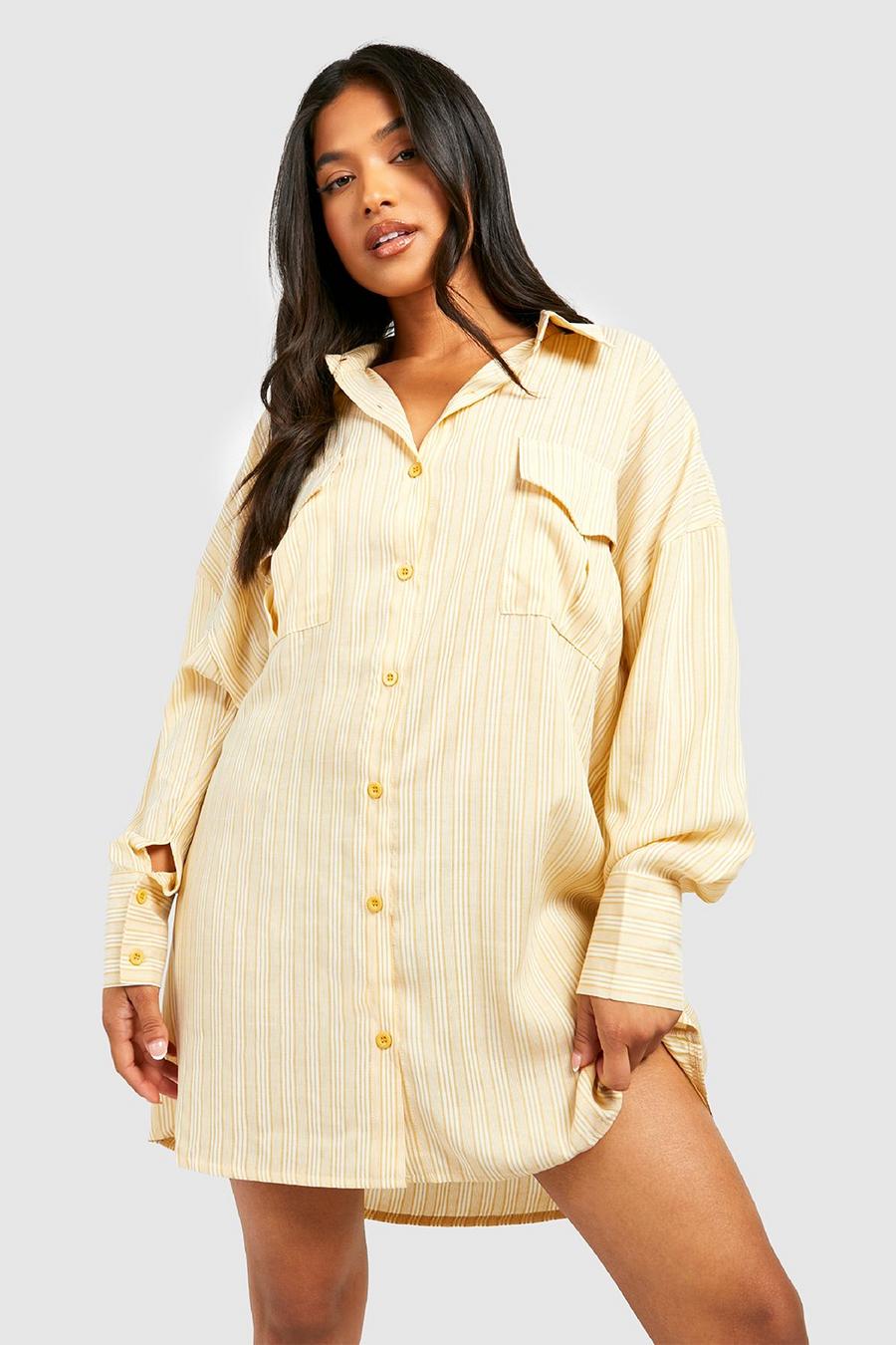 Mustard Petite Oversize randig skjortklänning med fickor