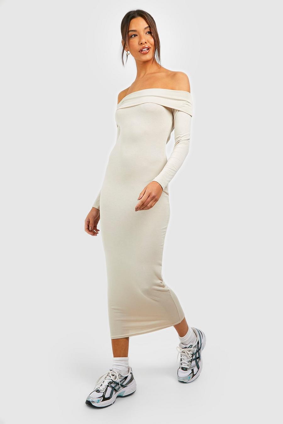 Stone Off The Shoulder Long Sleeve Midi Dress