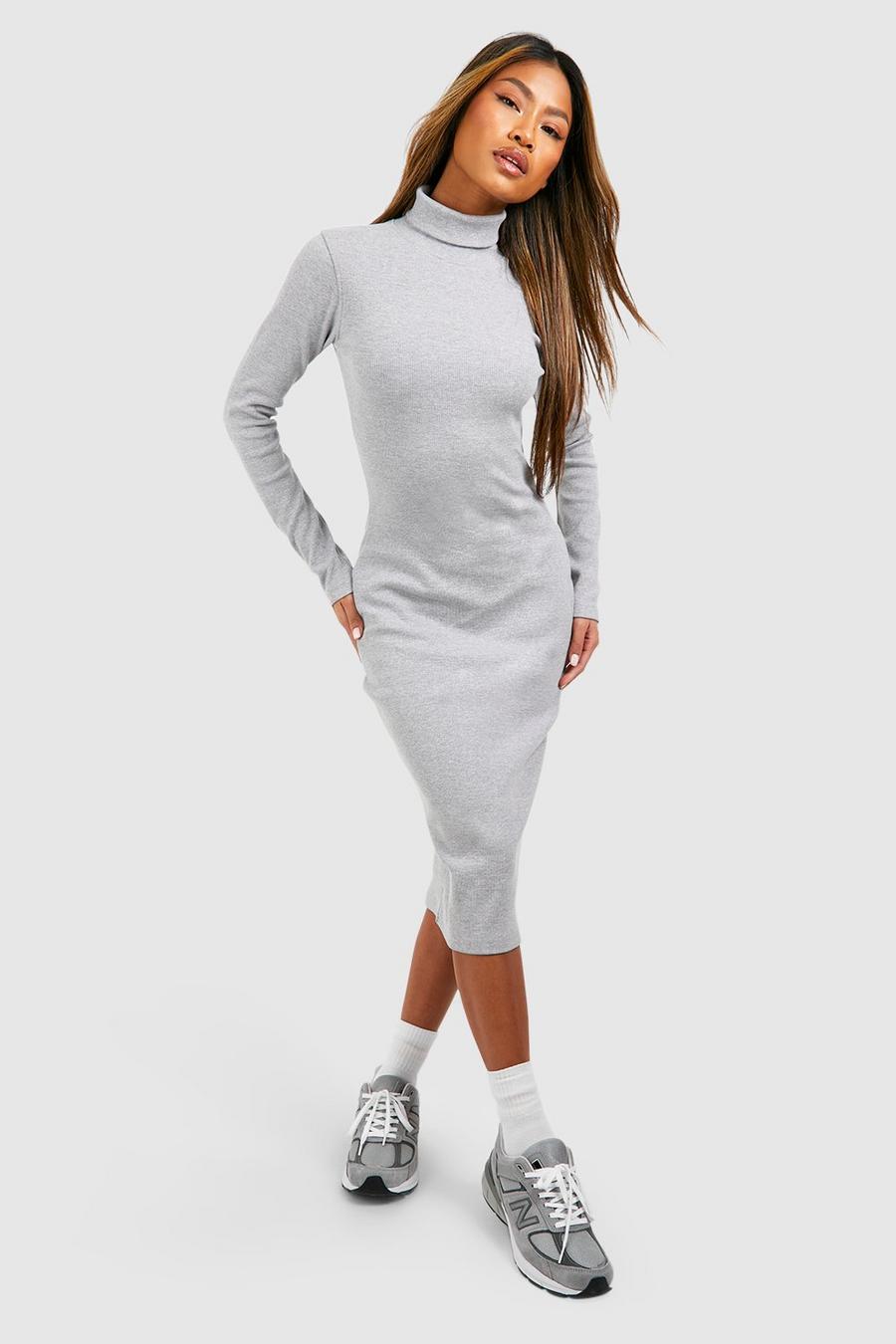 Grey Turtleneck Long Sleeve Midi Dress