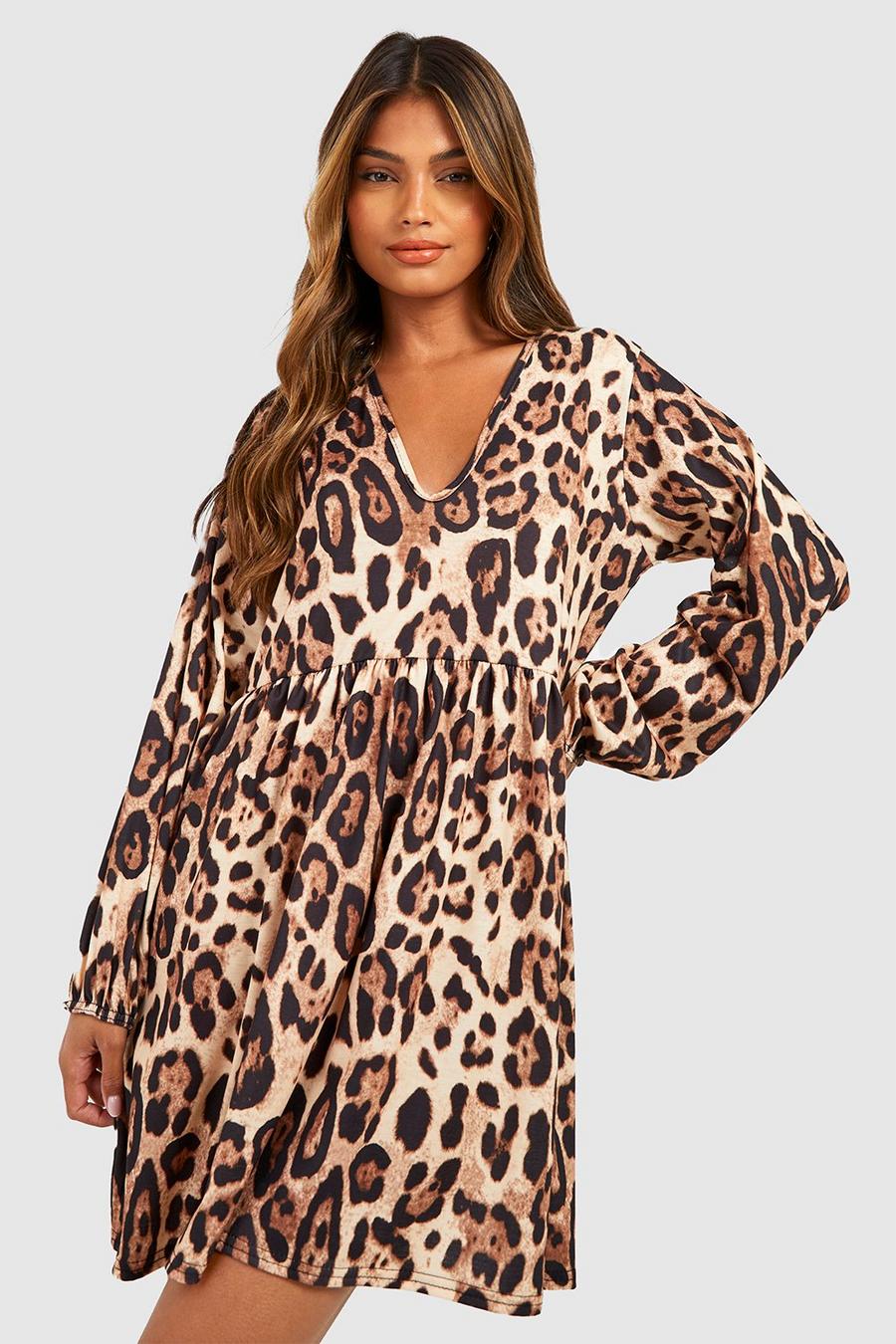 Vestido holgado con estampado de leopardo, Brown