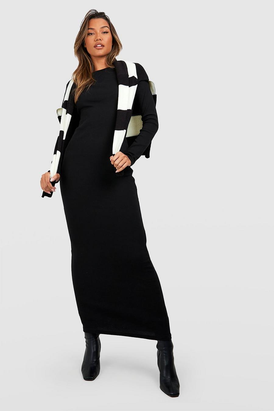 Black Basic Crew Neck Long Sleeve Maxi Dress