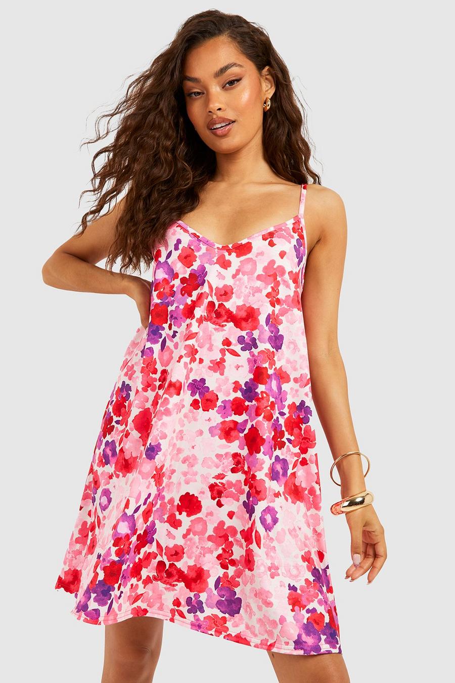 Vestido mini de tirantes con estampado de flores, Pink image number 1