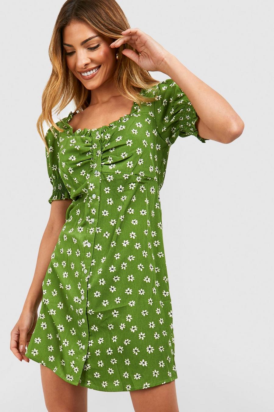 Vestido de verano con mangas abullonadas y estampado de flores, Green image number 1