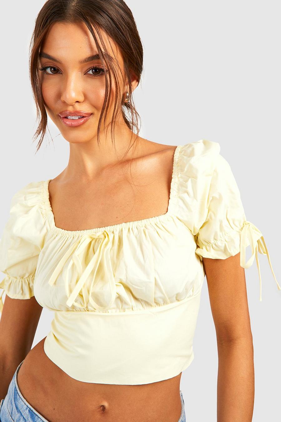 Lemon Woven Puff Sleeve Cotton Ruched Crop Top
