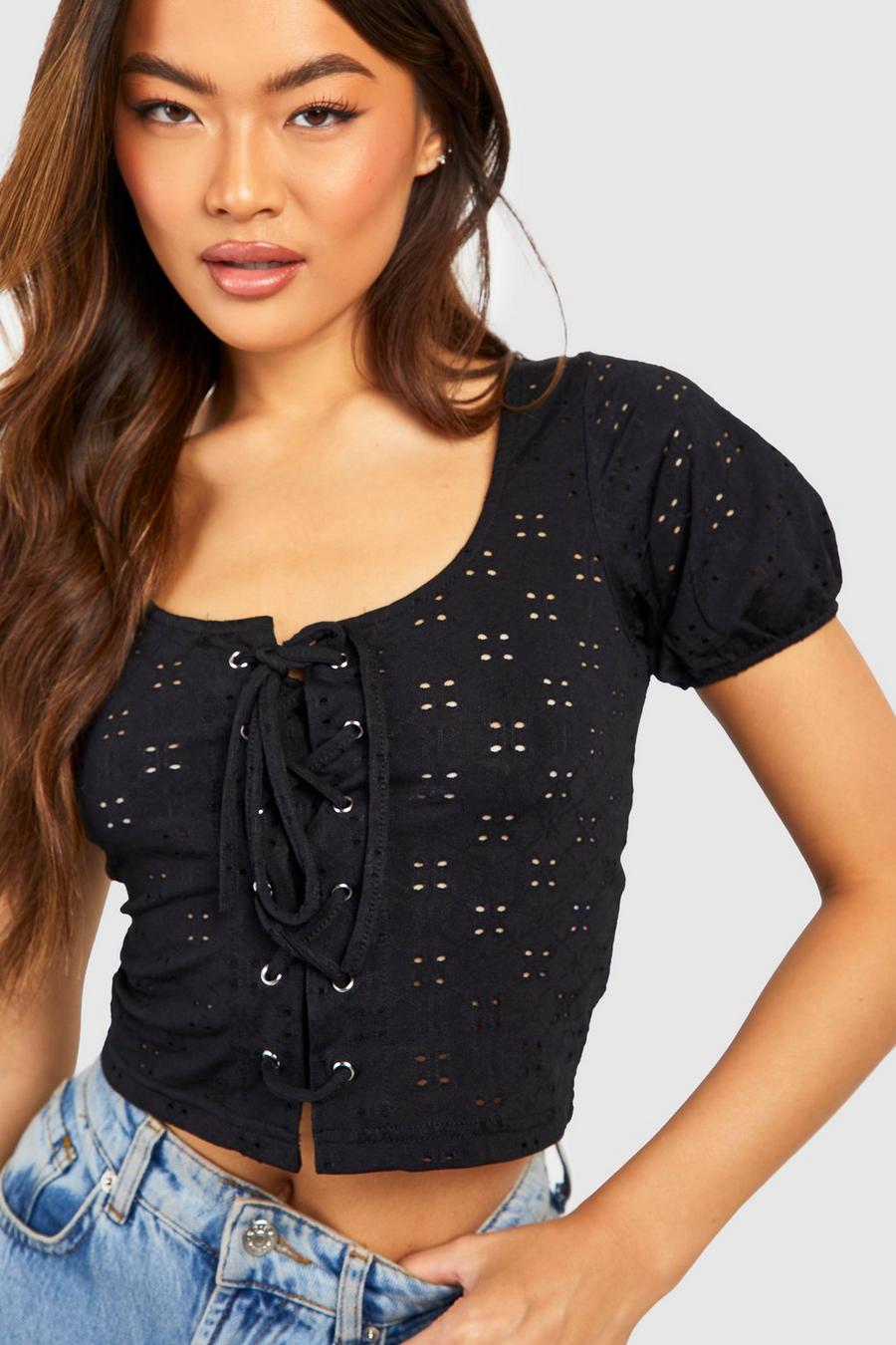 Black Woven Eyelet Lace Up Top