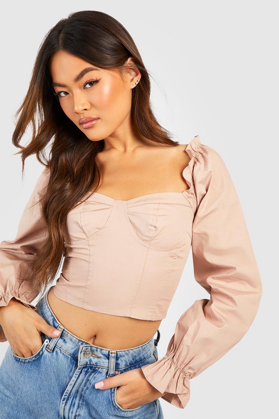 Taupe Woven Puff Long Sleeve Crop Top