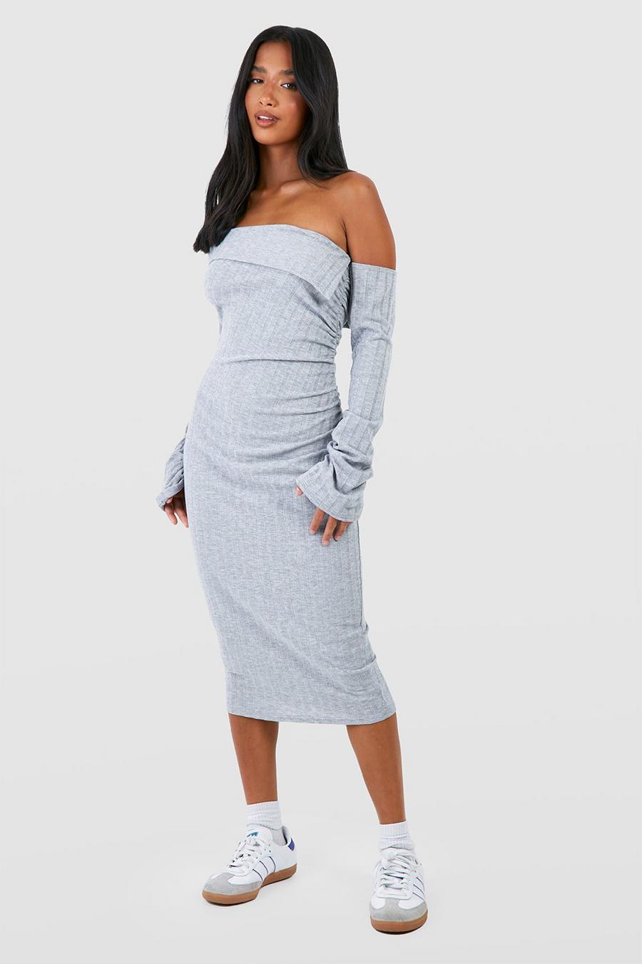 Grey Petite Asymmetric Off The Shoulder Rib Midi Dress