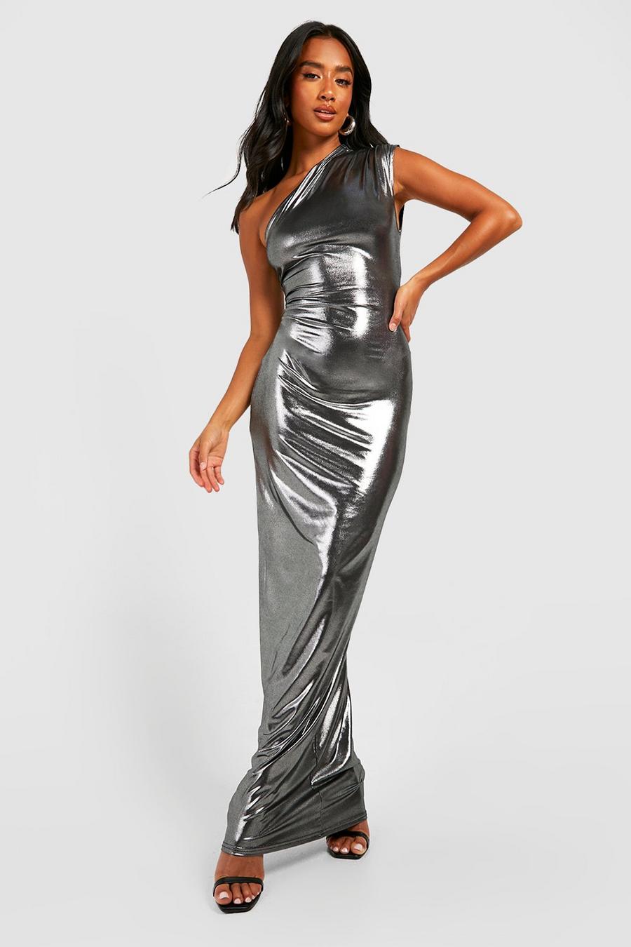Silver Petite Metallic Asymmetric Maxi Dress