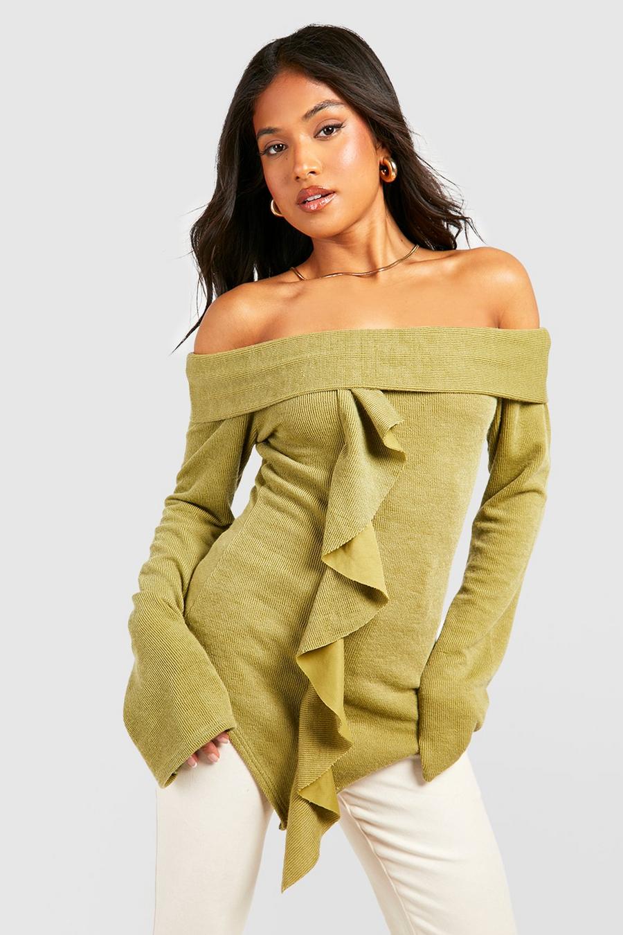 Olive Petite Off The Shoulder Ruffle Long Sleeve Top