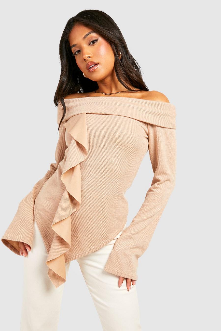 Stone Petite Bardot Ruffle Long Sleeve Top 