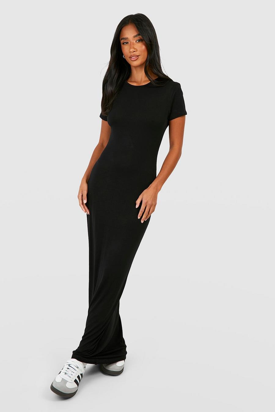Black Petite Short Sleeve Basic Maxi Dress