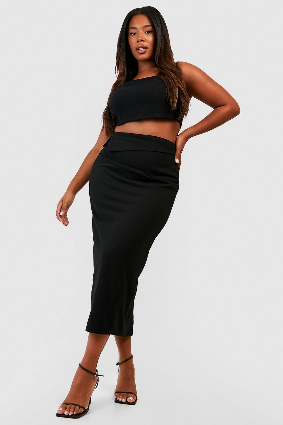 Black Plus Crepe Fold Over Waist Midi Skirt