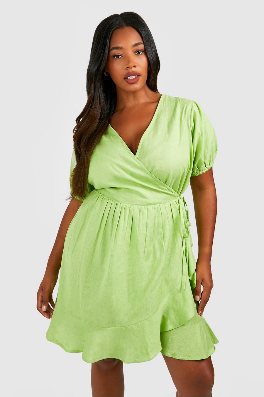 Green Plus Woven Ruffle Wrap Dress