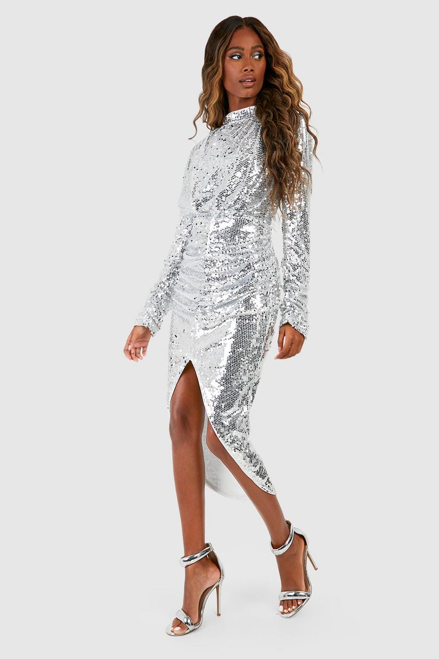 Silver Sequin High Neck Ruched Midaxi Dress image number 1