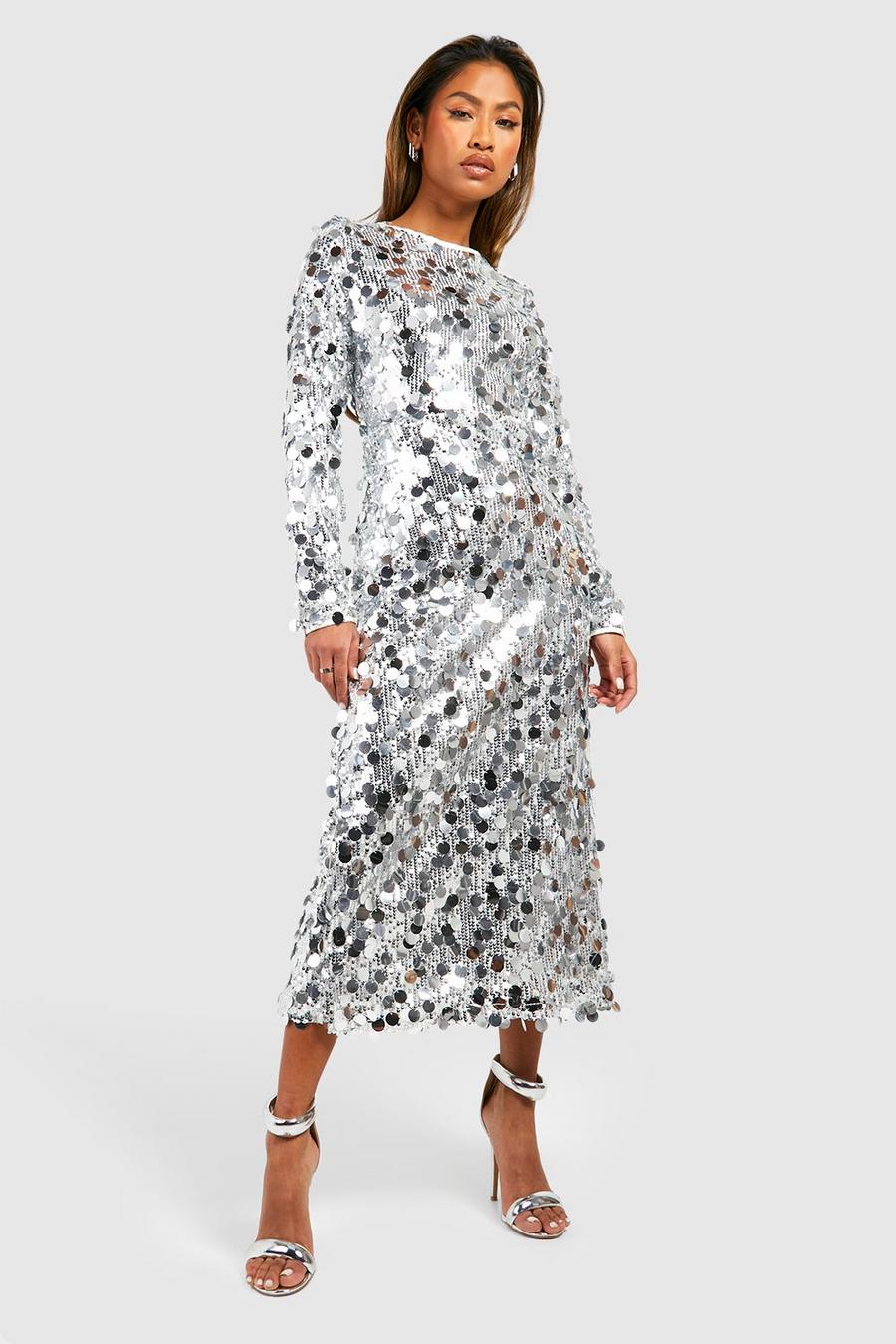 Silver Sequin Disc Midi Dress