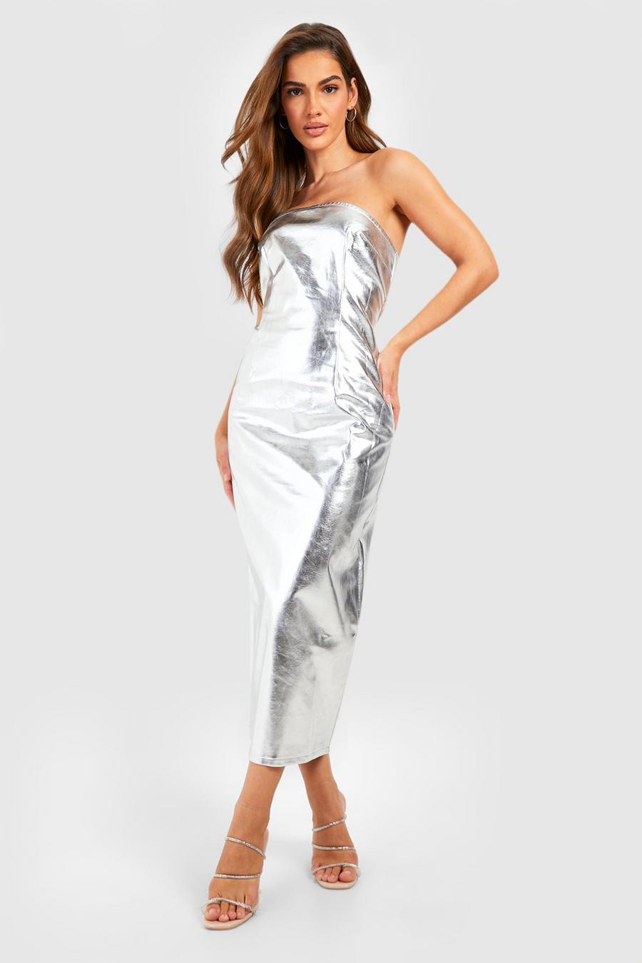 Silver Metallic Bandeau Midi Dress