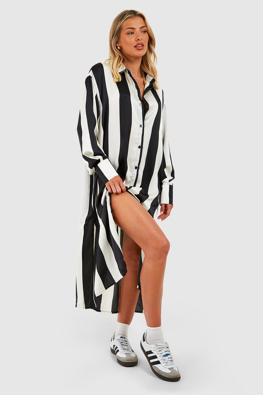 Black Chunky Stripe Oversized Midi Shirt Dres image number 1